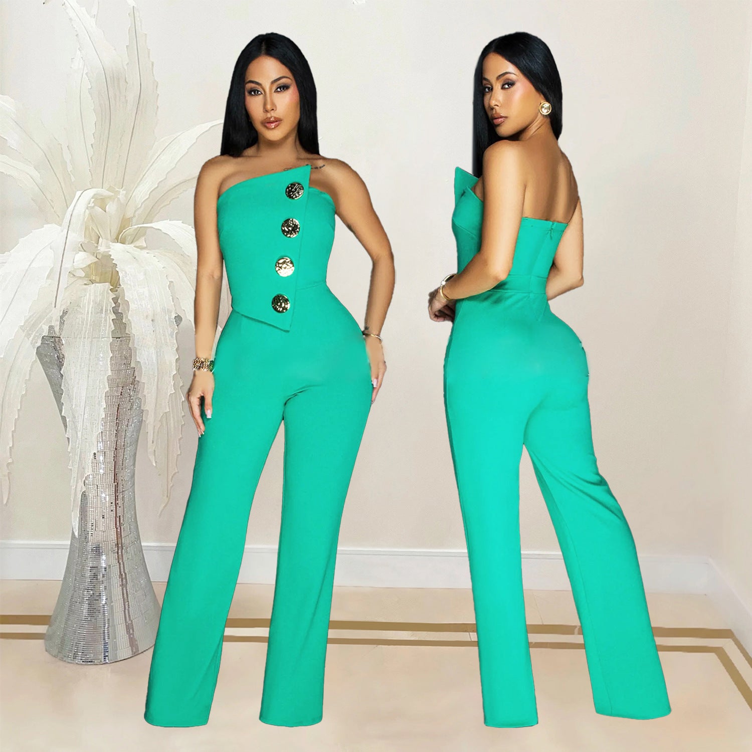 European And American Fashion Women's Wear Sleeveless Button Jumpsuit Trousers