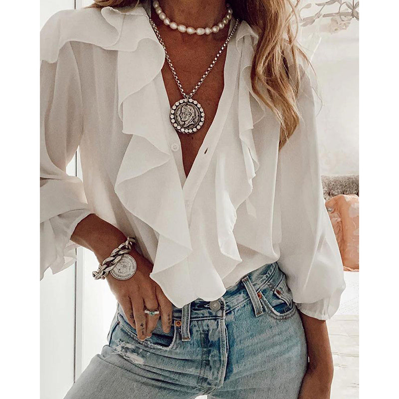 White Long-Sleeved Ruffled Top