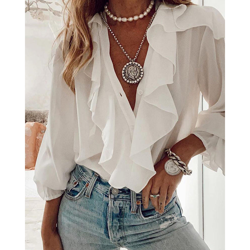 White Long-Sleeved Ruffled Top