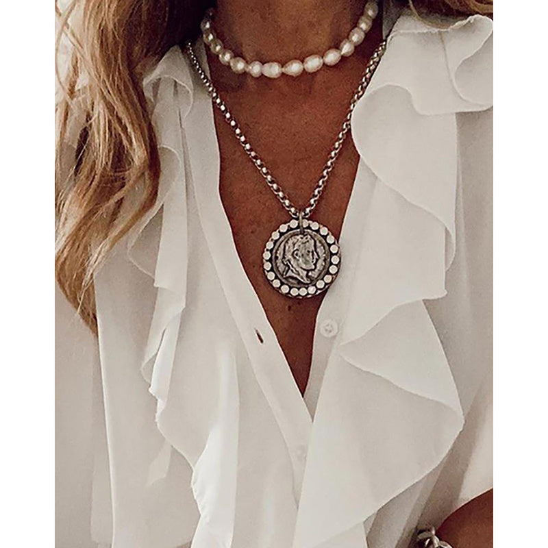 White Long-Sleeved Ruffled Top