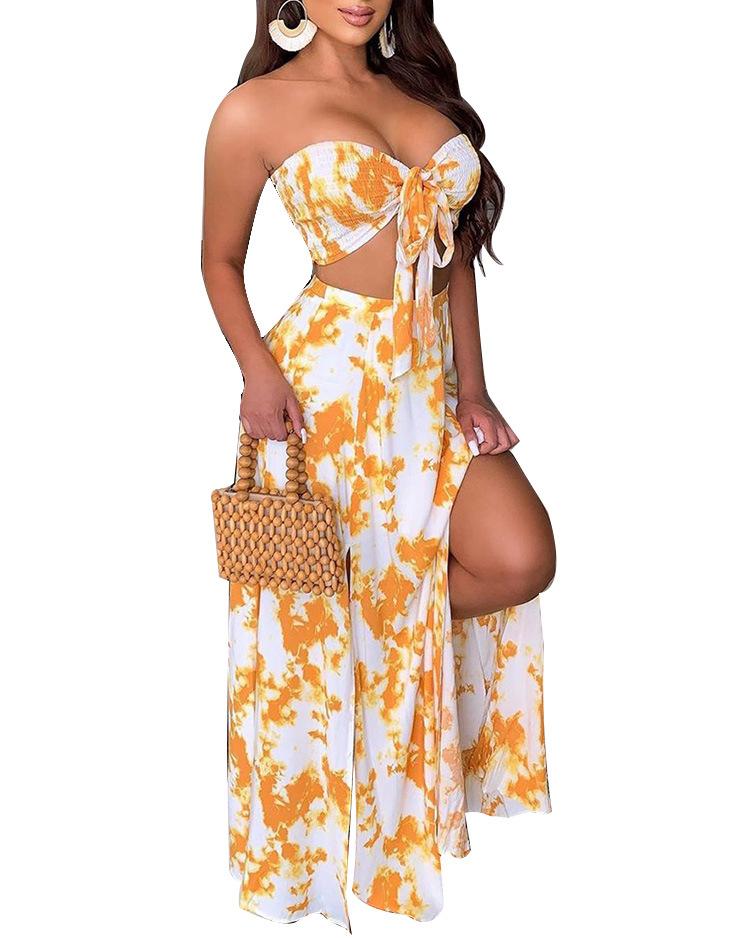 Sexy Bandeau Printed Crop Top and Long Skirt Two-piece Set