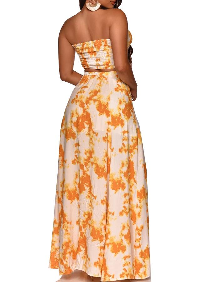 Sexy Bandeau Printed Crop Top and Long Skirt Two-piece Set