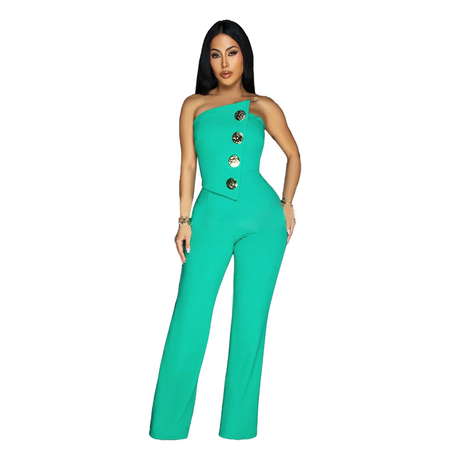 European And American Fashion Women's Wear Sleeveless Button Jumpsuit Trousers