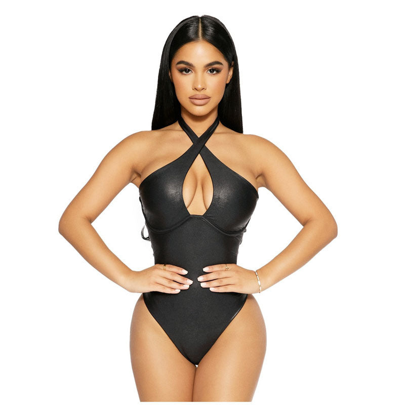 PU Ladies Halterneck Solid Color Jumpsuit