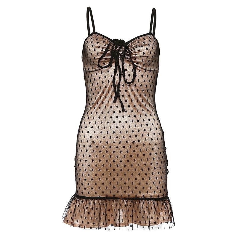 Ruffle drawstring black dress dots Women A-line patchwork