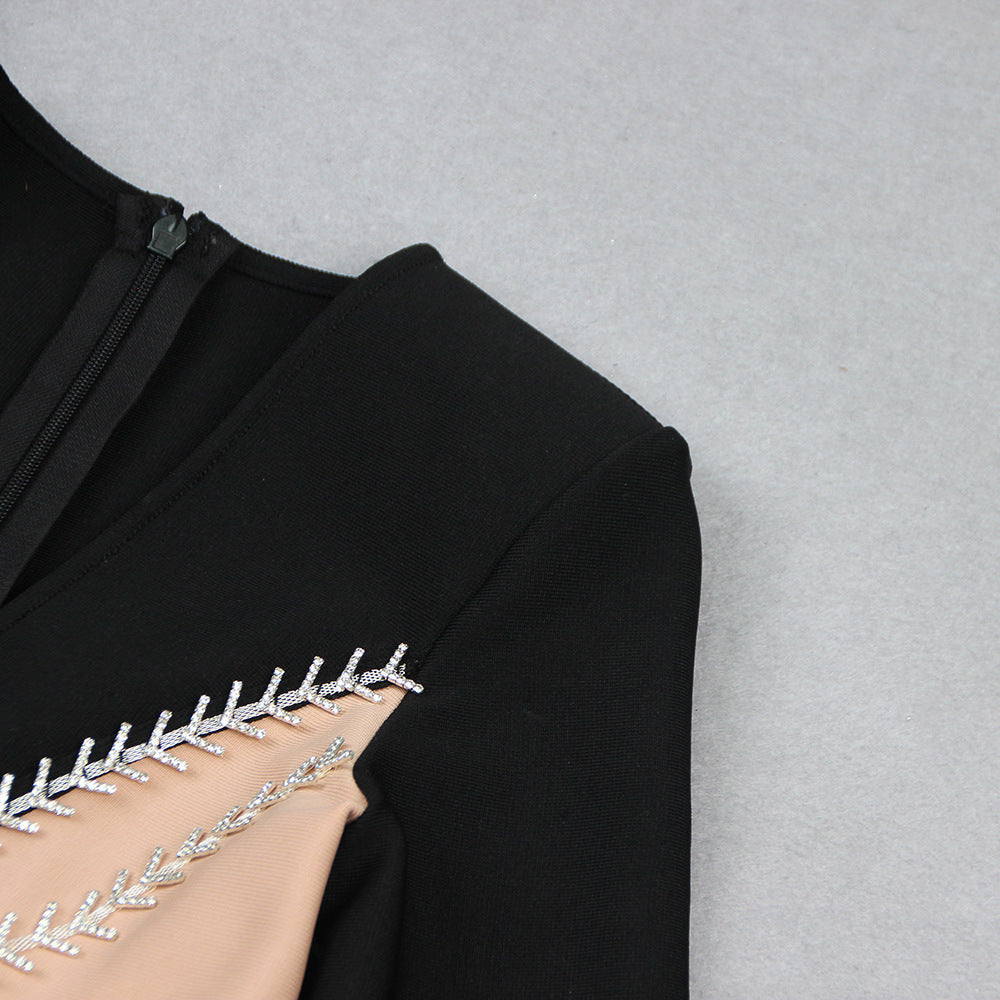 Autumn And Winter Graceful Fashion Rhinestones Tassel Women's V-neck Bandage One-piece Dress