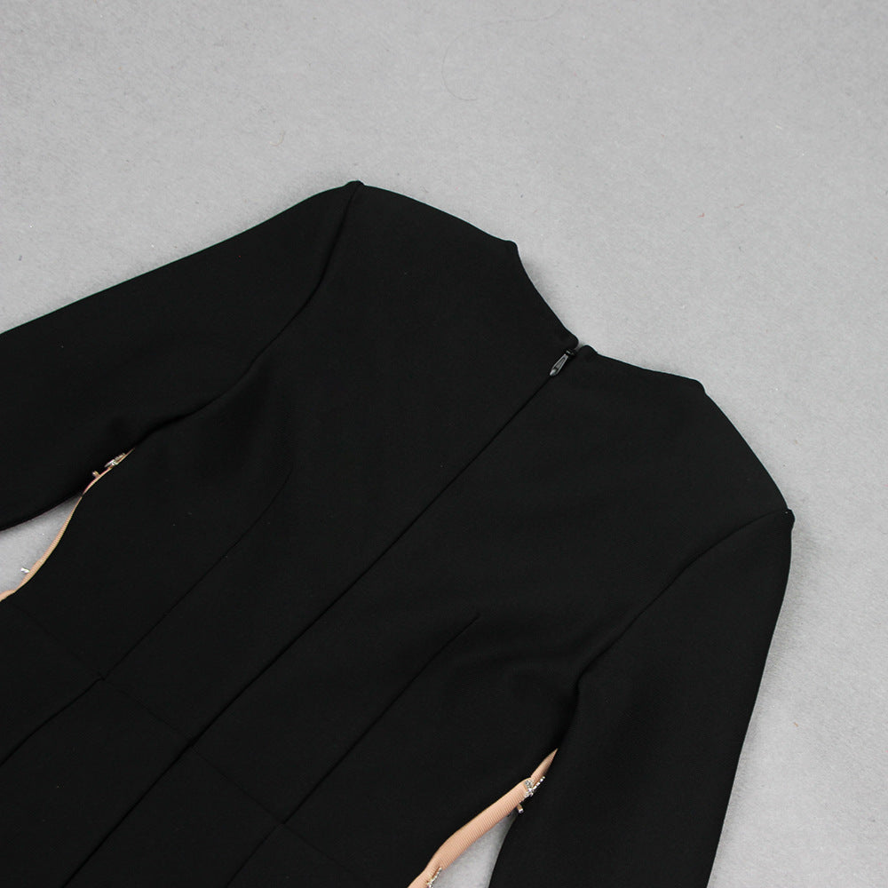 Autumn And Winter Graceful Fashion Rhinestones Tassel Women's V-neck Bandage One-piece Dress