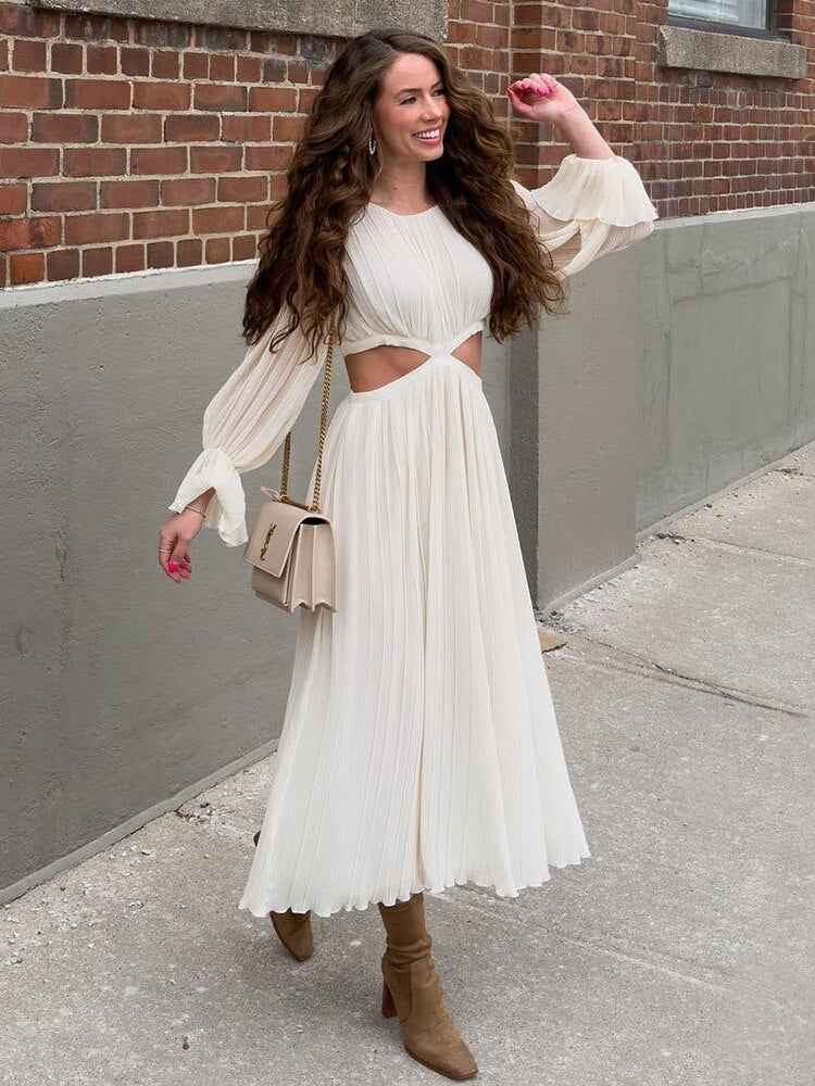 Beige Sexy Holiday Maxi Dress with Flare Sleeves for Summer and Spring