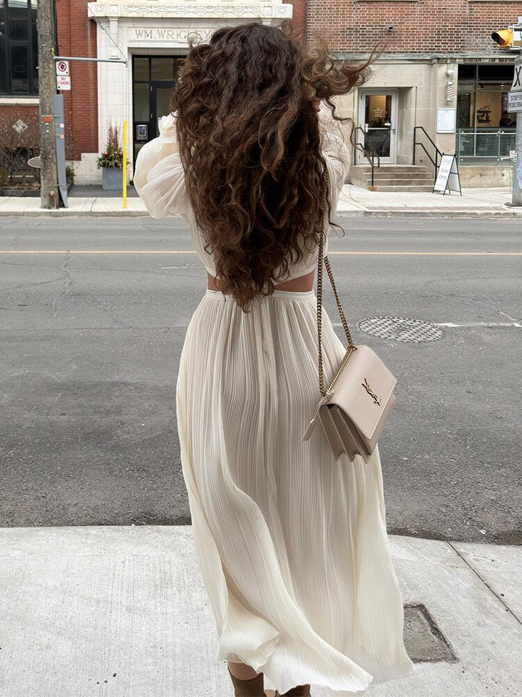 Beige Sexy Holiday Maxi Dress with Flare Sleeves for Summer and Spring
