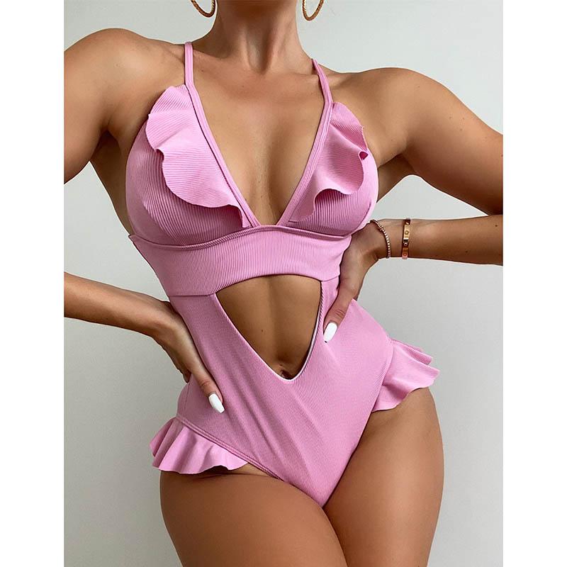 Ribbed One Piece Swimwear Ruffled Women's Swimsuits