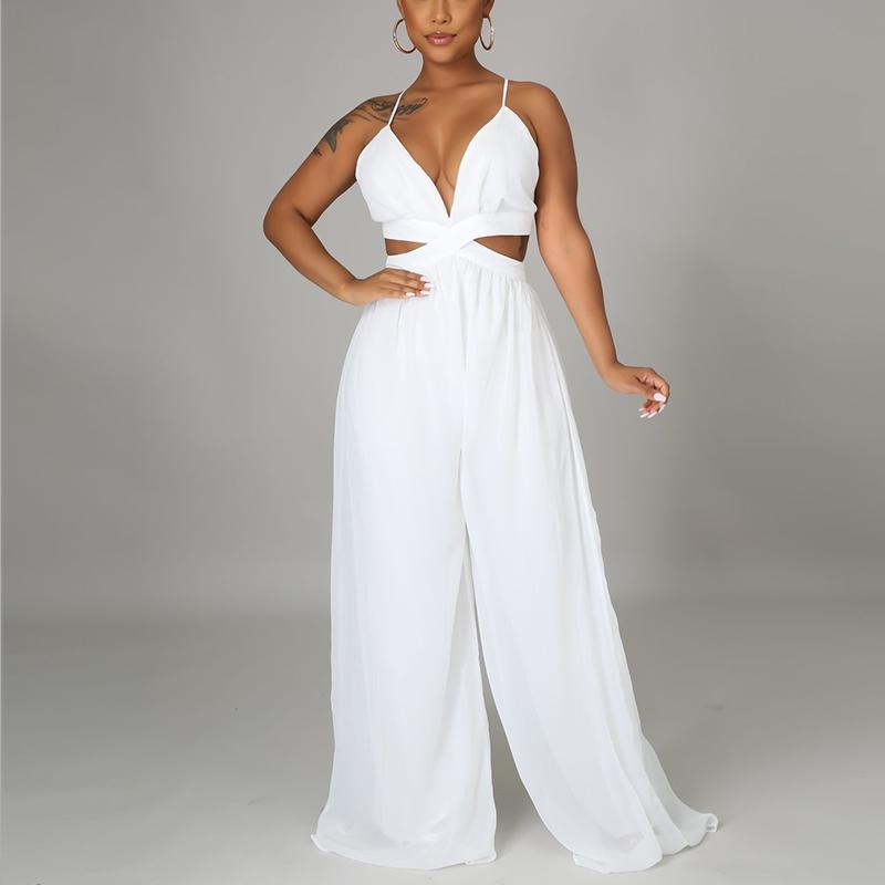 Sleeveless V Neck Chic Jumpsuit Elegant OL Wide Leg Pants Overalls