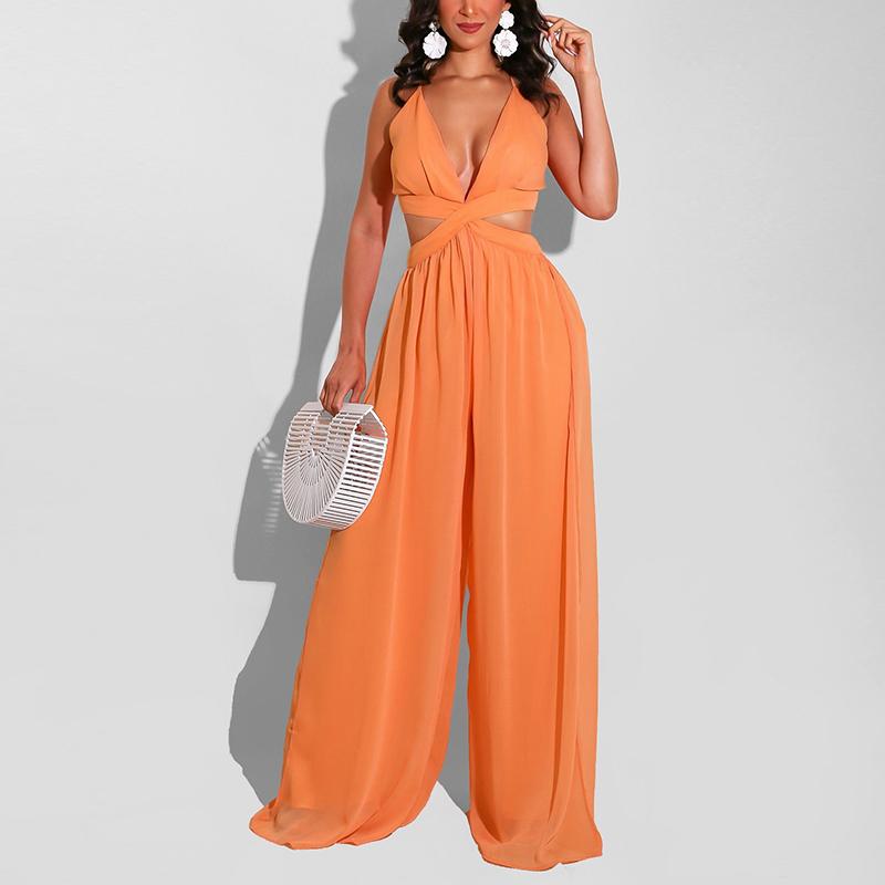 Sleeveless V Neck Chic Jumpsuit Elegant OL Wide Leg Pants Overalls