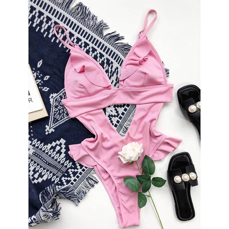 Ribbed One Piece Swimwear Ruffled Women's Swimsuits
