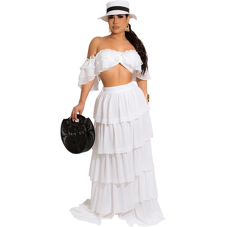 Two Piece Ruffles Dress Suits Off Shoulder Tube Top & Sweet Maxi Skirt