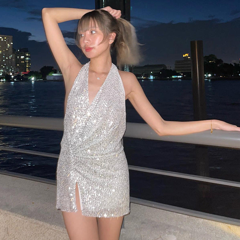 Sparkling Halter Backless Slit Bodycon Dress