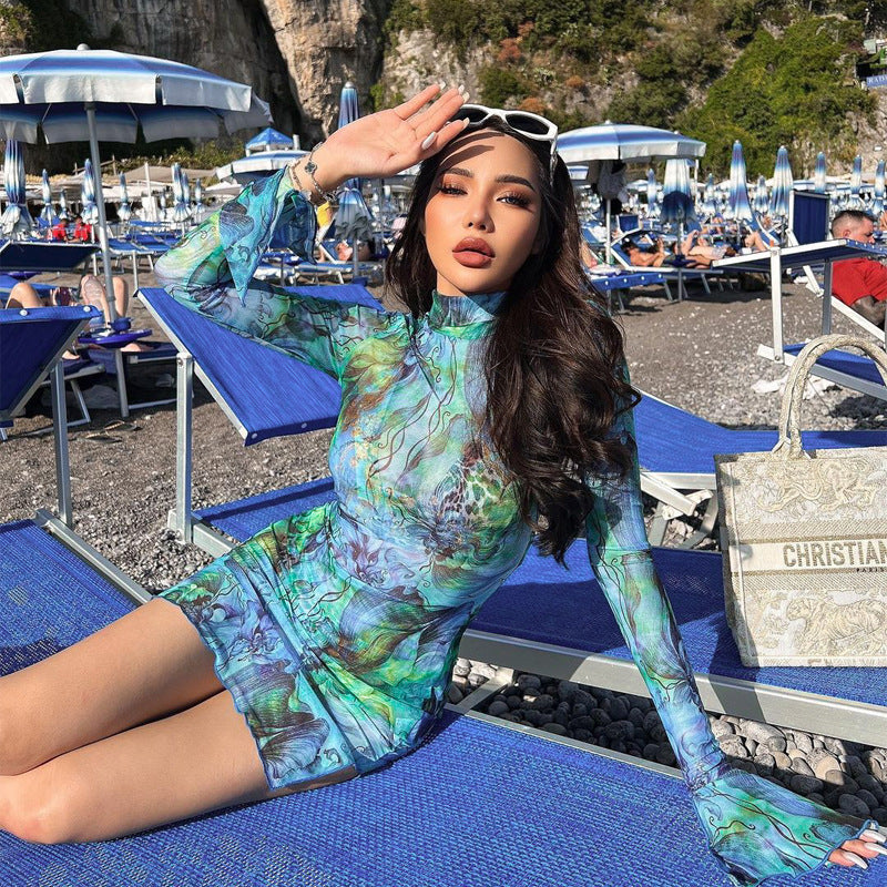 Long Sleeve Tie-Dye Print Bodycon Dress