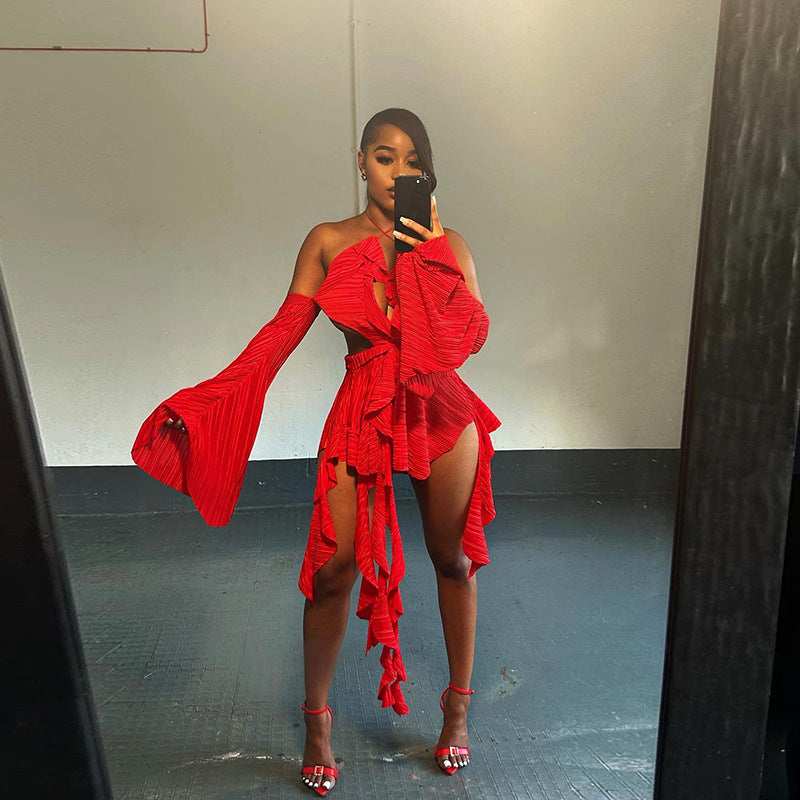 Women Clothing Autumn Halter Backless Sexy Bell Sleeve Irregular