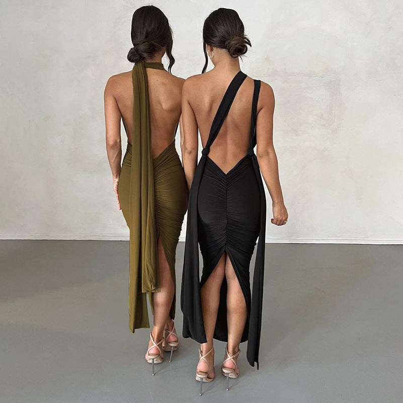 Summer Women Clothing V neck Lace up Backless Sexy Sheath Dress