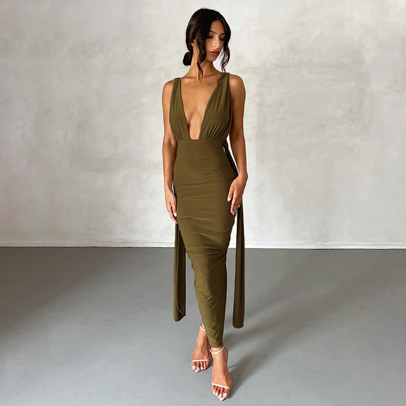 Summer Women Clothing V neck Lace up Backless Sexy Sheath Dress