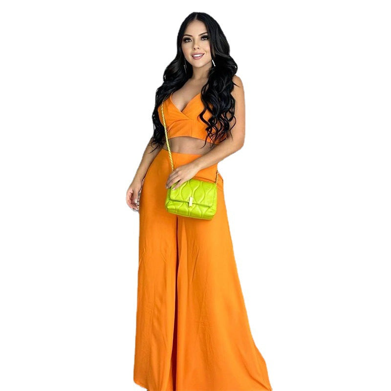 Two-Piece Solid Color Tank Top and High-Waist Wide Leg Pants Casual