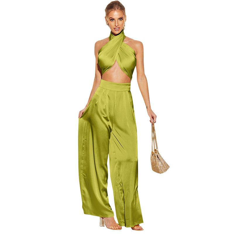 Women's Sleeveless Crop Top Wide Pants Set 2 Piece Outfits Jumpsuits