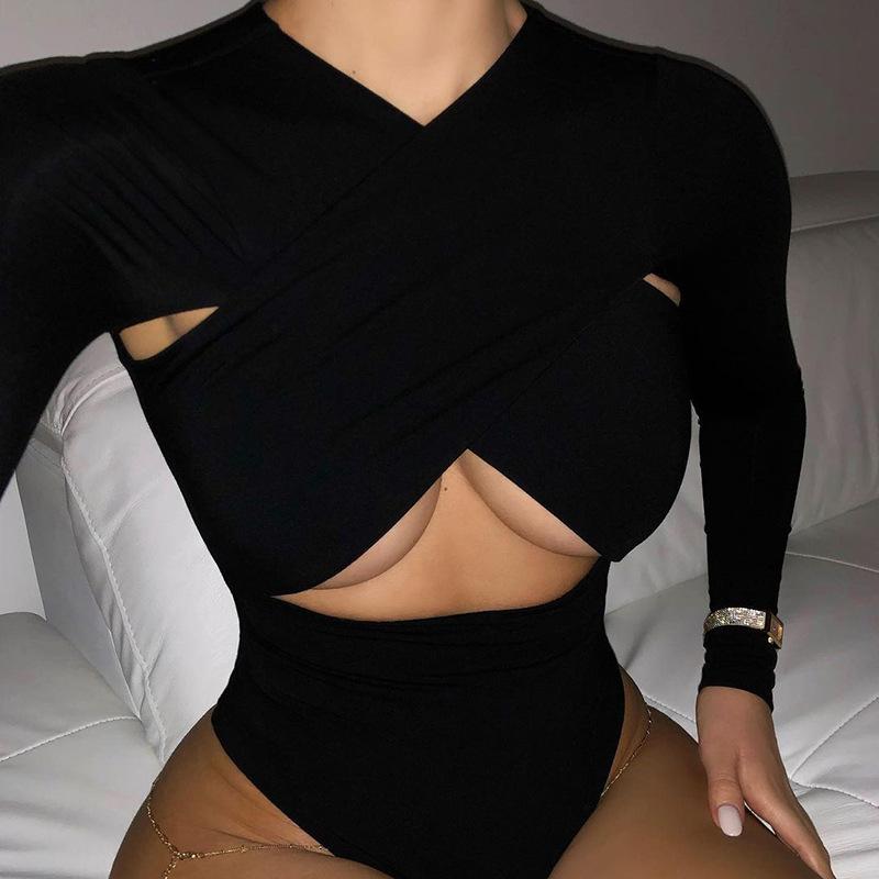 Women Sexy Cross Cut Out Long Sleeve Bodysuit