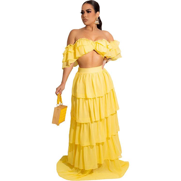 Two Piece Ruffles Dress Suits Off Shoulder Tube Top & Sweet Maxi Skirt