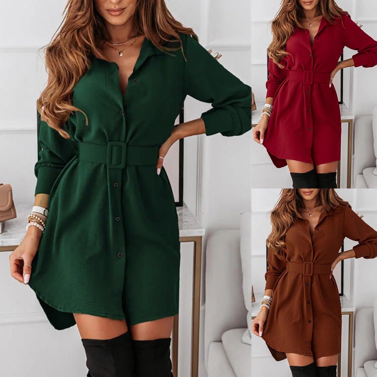 Belted Slim Fit Long Sleeve Turn-Down Collar Dress