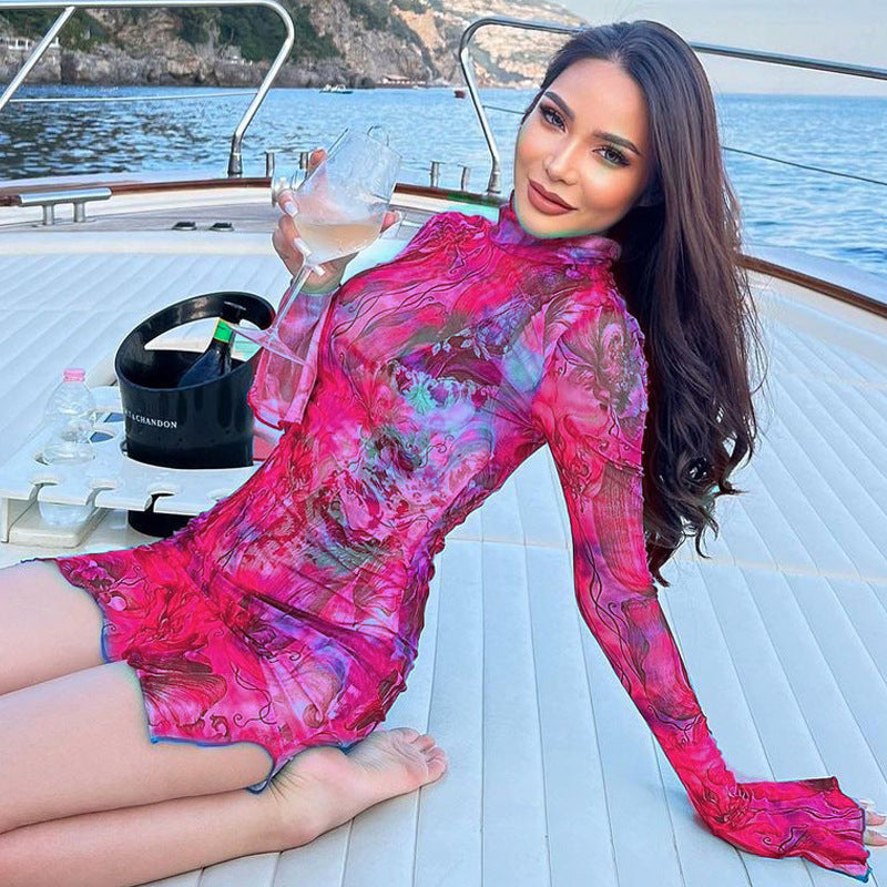 Long Sleeve Tie-Dye Print Bodycon Dress