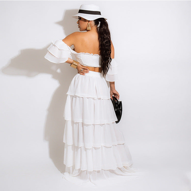 Two Piece Ruffles Dress Suits Off Shoulder Tube Top & Sweet Maxi Skirt