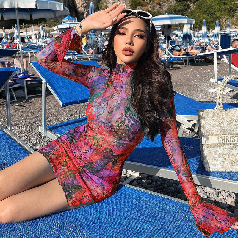 Long Sleeve Tie-Dye Print Bodycon Dress