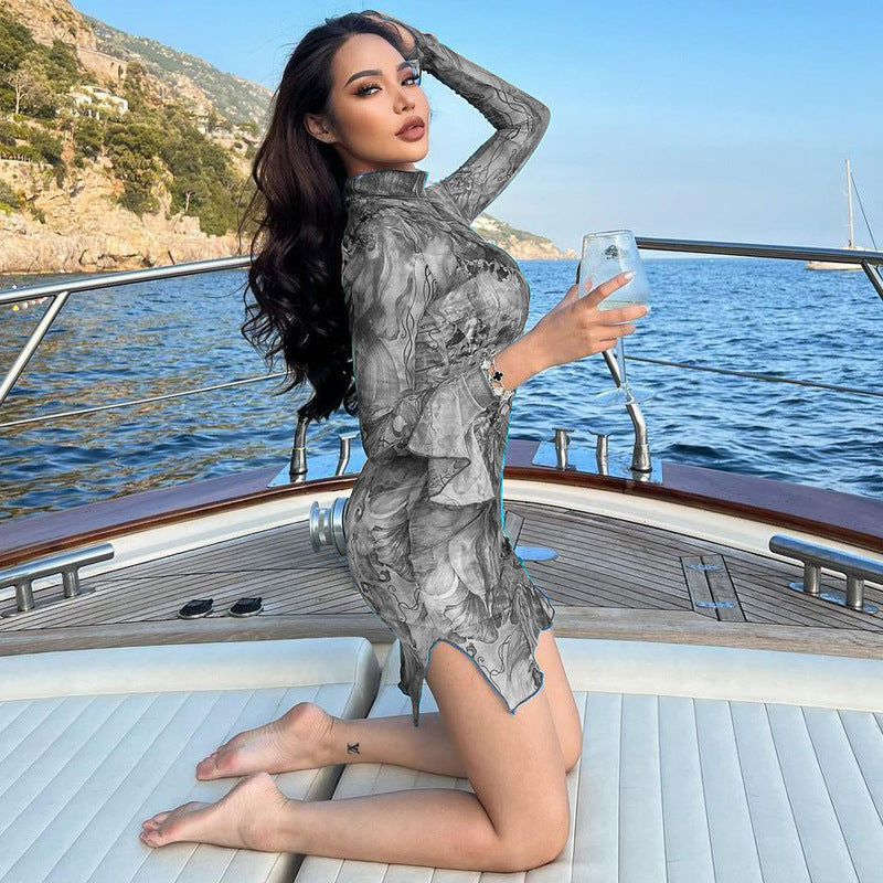 Long Sleeve Tie-Dye Print Bodycon Dress