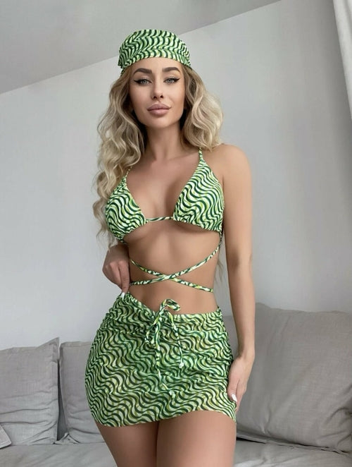 Sexy Three-Piece Swimwear Set with Drawstring Ties
