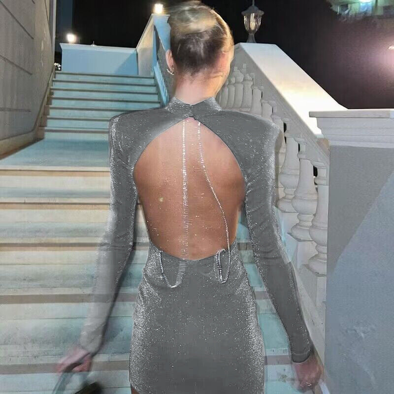 Sexy Backless Round Neck Long Sleeve Bodycon Dress with Hip Package