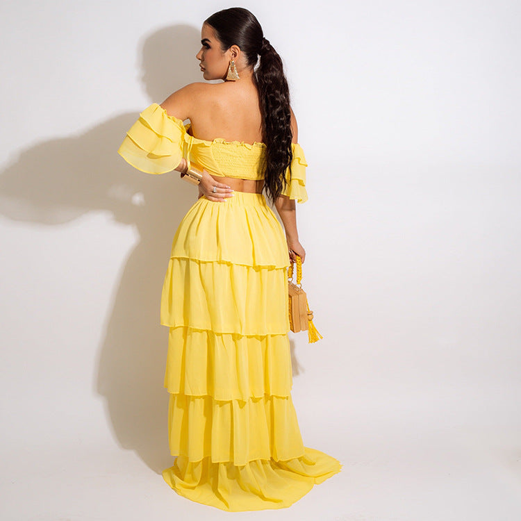 Two Piece Ruffles Dress Suits Off Shoulder Tube Top & Sweet Maxi Skirt