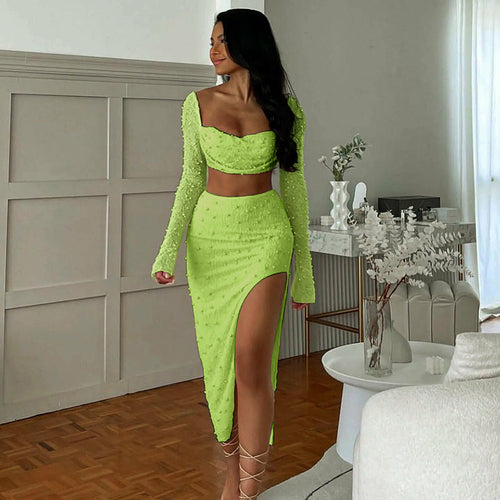 Beaded Tops and Bodycon Midi Skirt with Slit