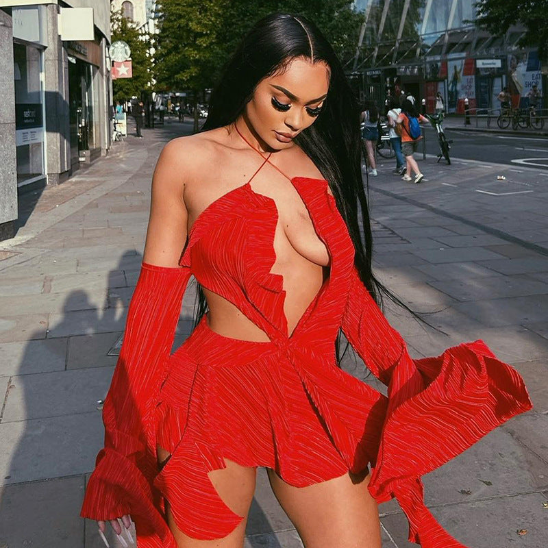 Women Clothing Autumn Halter Backless Sexy Bell Sleeve Irregular