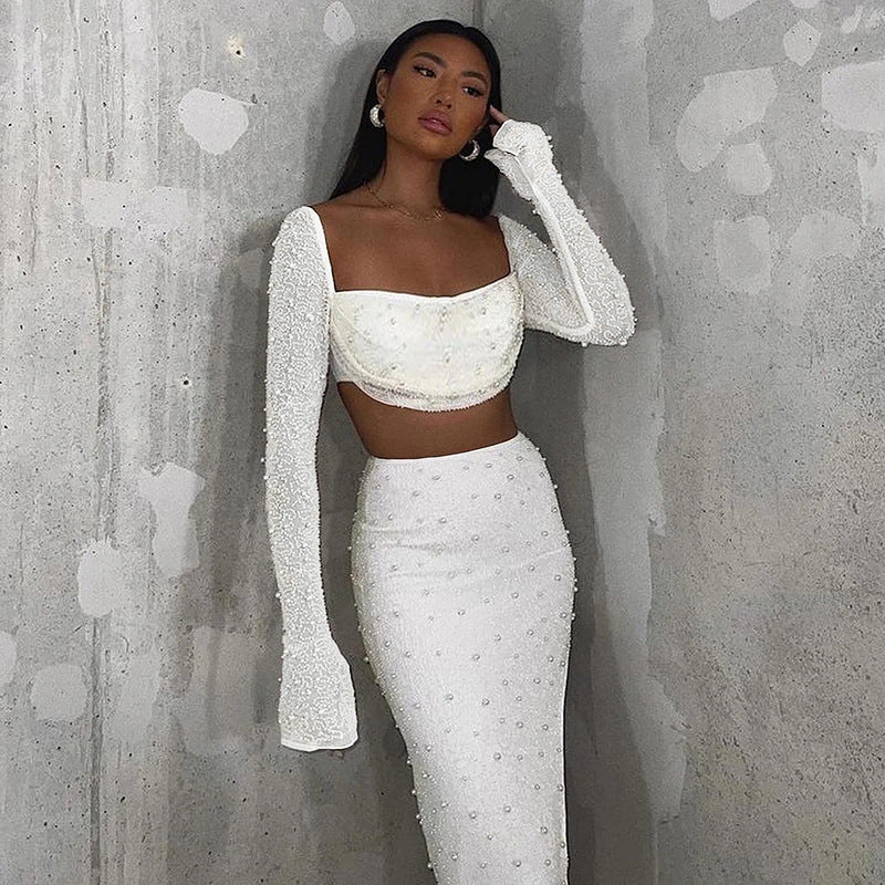 Beaded Tops and Bodycon Midi Skirt with Slit