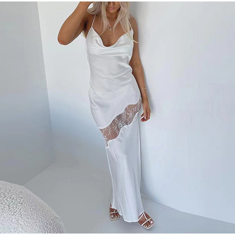 Satin Sleeveless Lace Bodycon Midi Dress