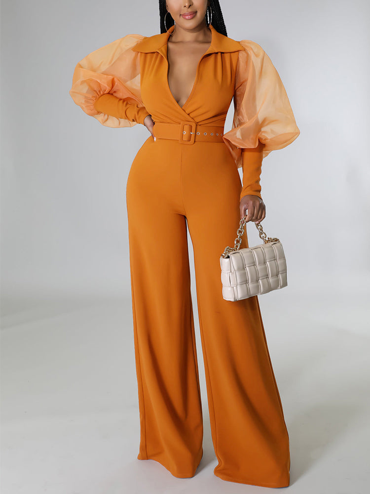 Mesh Puff Sleeve V Neck Elegant Jumpsuit