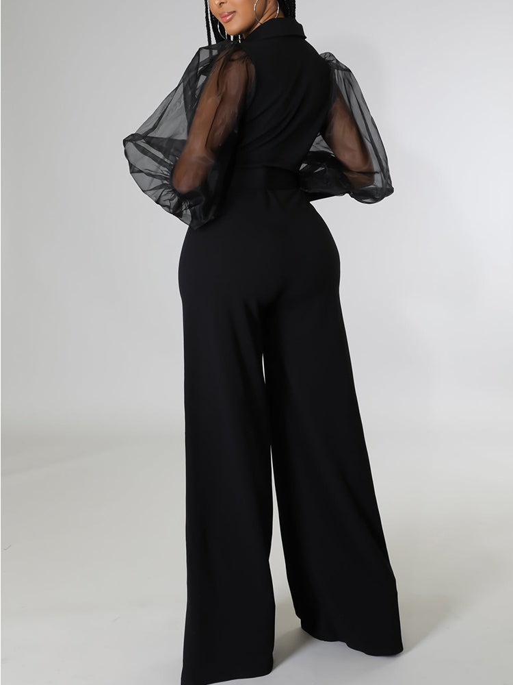 Mesh Puff Sleeve V Neck Elegant Jumpsuit