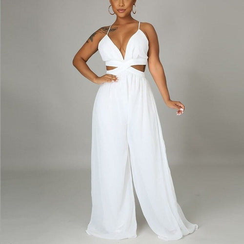 Sleeveless V Neck Chic Jumpsuit Elegant OL Wide Leg Pants Overalls