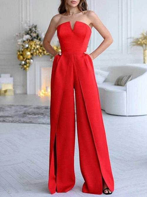 Elegant Solid Wide Leg Slit Pant Playsuit Jumpsuit