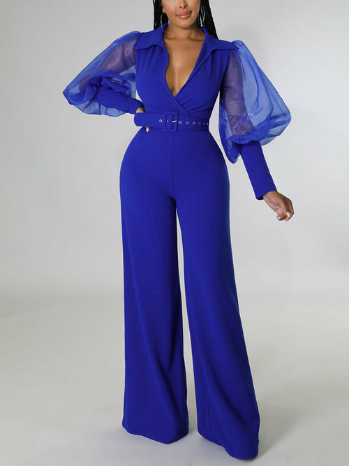 Mesh Puff Sleeve V Neck Elegant Jumpsuit