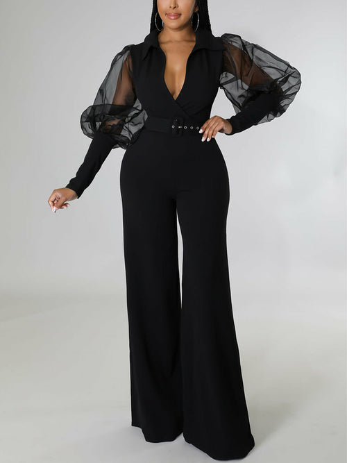 Mesh Puff Sleeve V Neck Elegant Jumpsuit