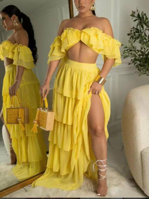 Two Piece Ruffles Dress Suits Off Shoulder Tube Top & Sweet Maxi Skirt