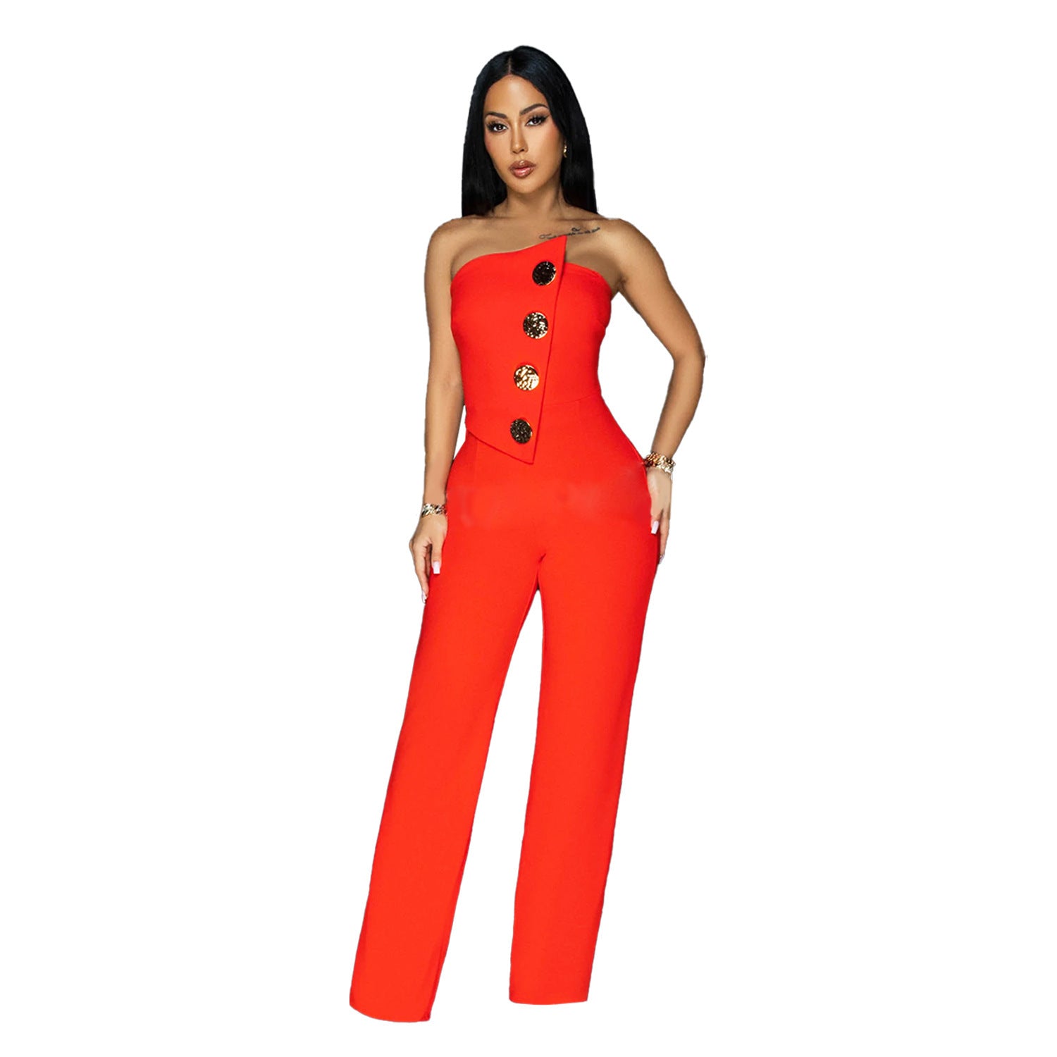 European And American Fashion Women's Wear Sleeveless Button Jumpsuit Trousers