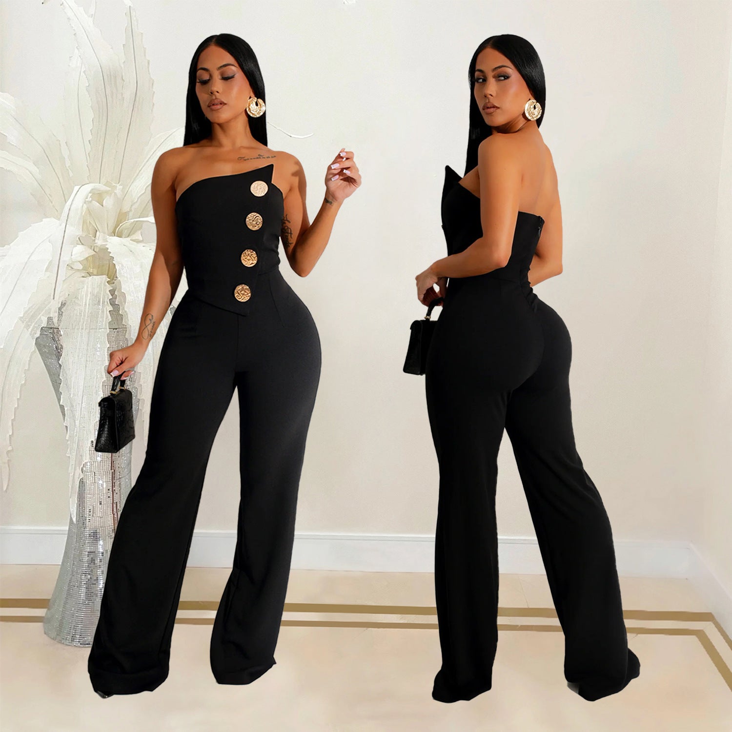 European And American Fashion Women's Wear Sleeveless Button Jumpsuit Trousers