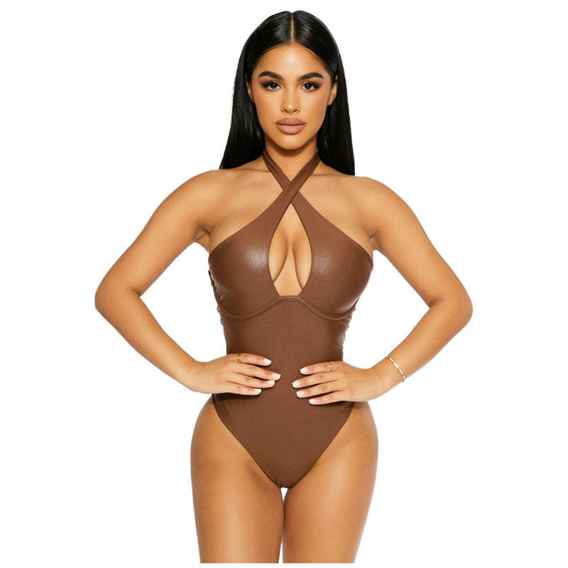 PU Ladies Halterneck Solid Color Jumpsuit