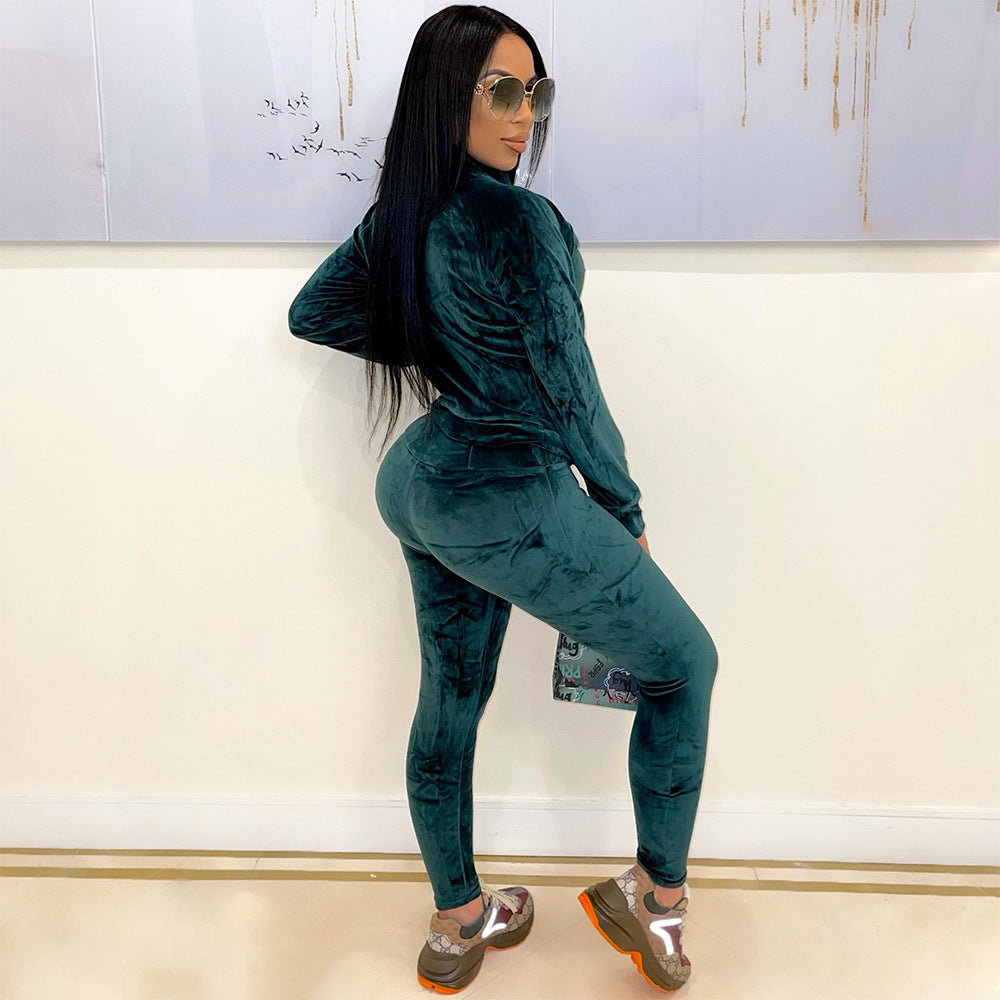 Fashion Sports And Leisure Solid Color Gold Velvet Long-Sleeved Women Pants Suit